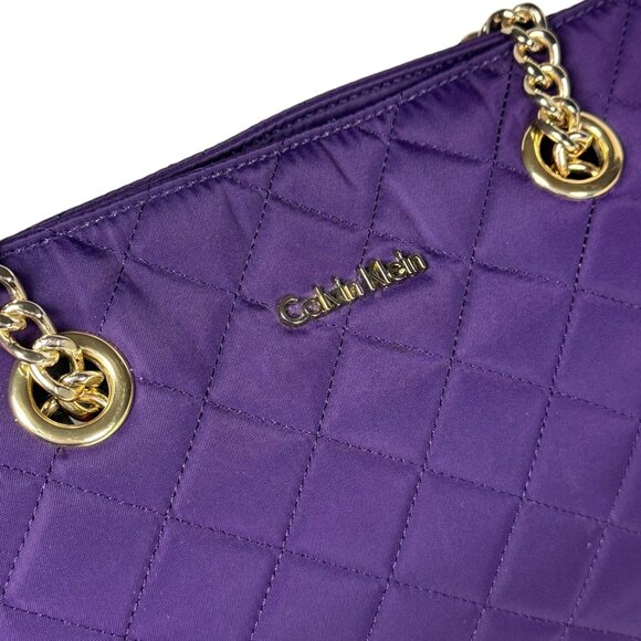 Calvin Klein Quilted Tote Bag Purple Chain Leather Handles Gold Hardware Preppy - Picture 11 of 14